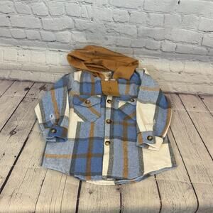 Birthday Bee Blue and Beige Plaid Toddler Hooded Shacket